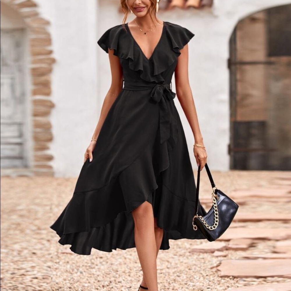 Solid Ruffle Hem Trim Belted Faux Wrap Dress New - Picture 9 of 10